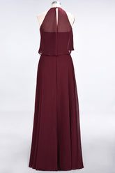 Gorgeous Chiffon Flounced Crinkle Sheath Long Burgundy Bridesmaid Dresses-27dress
